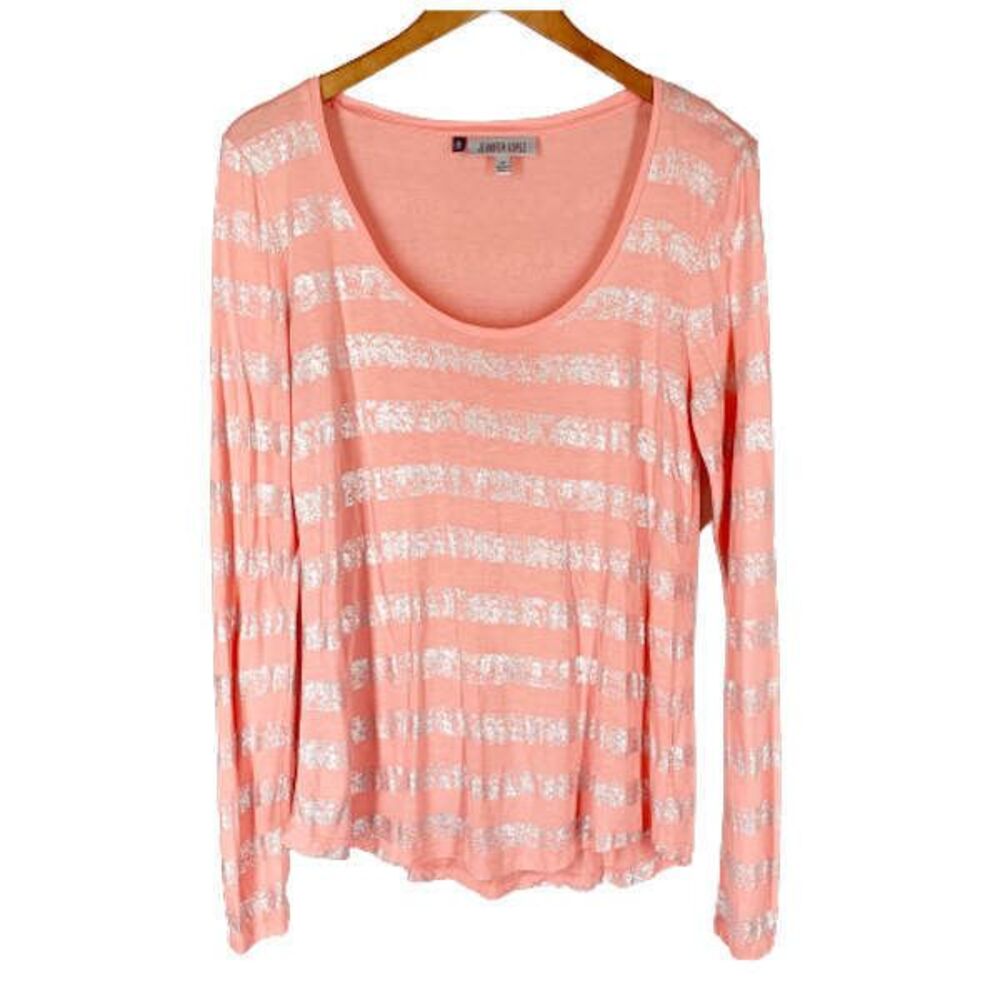 Jennifer Lopez M Knit Top NEW Coral Pink w Silver Metallic Stripes Long Sleeve